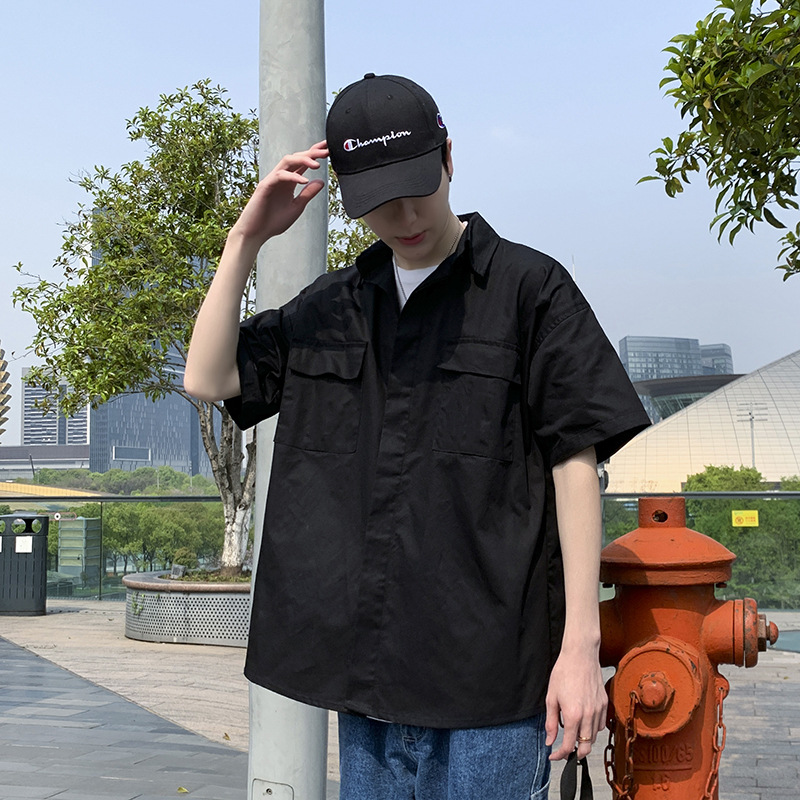 Verano ins retro Estilo funcional camisa de ropa de trabajo de manga corta Camisa de media manga casual de estilo coreano para hombres