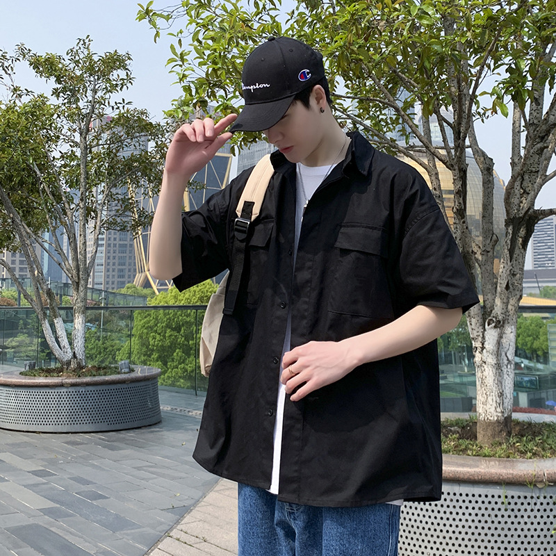 Verano ins retro Estilo funcional camisa de ropa de trabajo de manga corta Camisa de media manga casual de estilo coreano para hombres