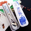 Blue and white tableware, box, set, chopsticks, spoon, fork, Birthday gift, 3 piece set, wholesale