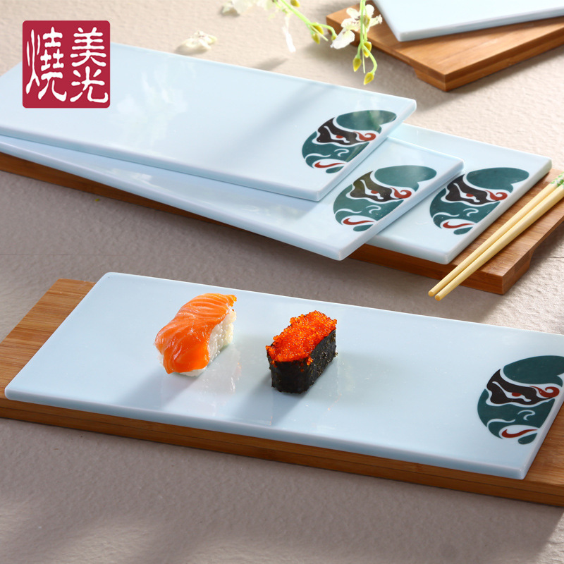Green Ink Longquan Celadon Chinoiserie Rectangular Flat Ceramic Dinner Plate Sushi Sweetheart Display Plate Export