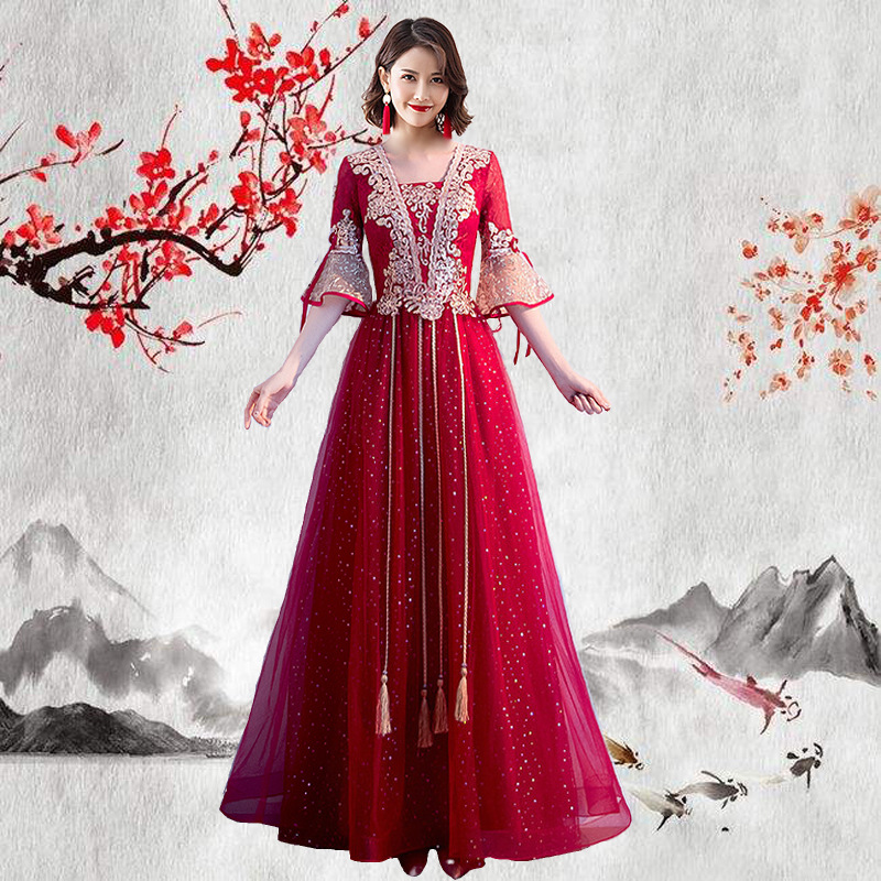 Toasting dress 2025 burgundy wedding gown evening dress for petite women, lace A-line dress, square neckline, elegant.