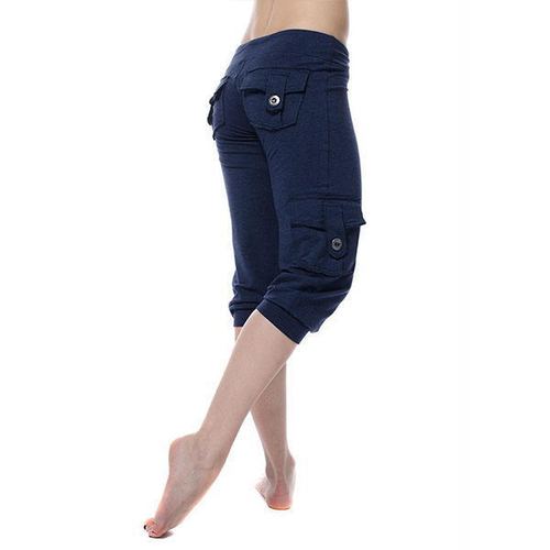 2025 European and American Elastic Waist Button Pouch Yoga Seven-Eighth Pants Casual Versatile Slimming Fashion Multi-Pocket