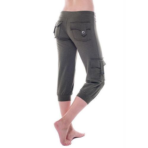 2025 European and American Elastic Waist Button Pouch Yoga Seven-Eighth Pants Casual Versatile Slimming Fashion Multi-Pocket