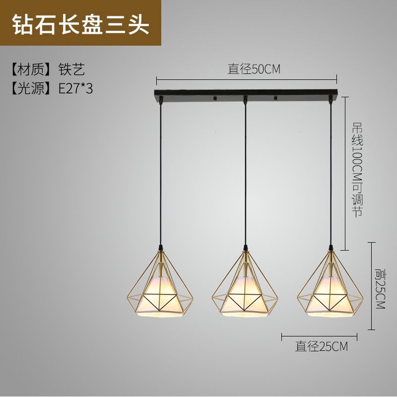 Lámpara de Techo Moderna Nórdica Minimalista para Restaurante, Creativa de Tres Cabezas, Iluminación Comercial para Tiendas, Arte de Iluminación con Barras de Hierro y Diamantes