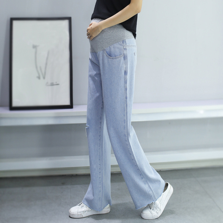 Maternity Jeans Wide-Leg Pants Floor-Length Straight Pants Fashionable Belly-Support Pants Maternity Pants Long High-Waisted Cross-Border