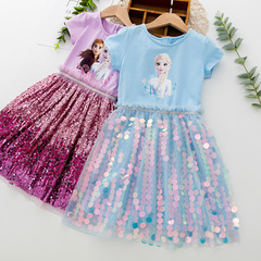 Girls' Summer Dress 2024 New Frozen Elsa Princess Skirt Girl Net Sheer Glitter Puffy Dress