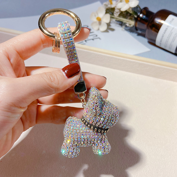 Llavero de Bulldog Francés con Cadena de Garras con Incrustaciones de Diamantes, Colgante de Muñeca de Dibujos Animados, Regalo, Accesorio de Bolso para Mujer, Diseño Brillante