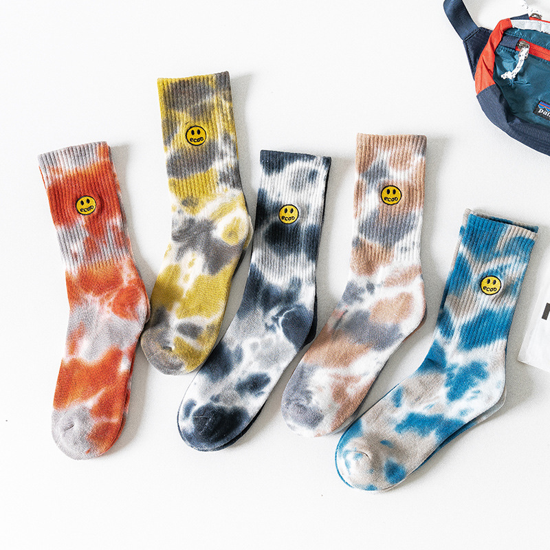 Tie-Dye Embroidered Mid-Calf Socks for Men and Women, Cotton Socks, Trendy Student Socks, Sports Socks, Men's High-Top Socks, Handmade Seamless Toe