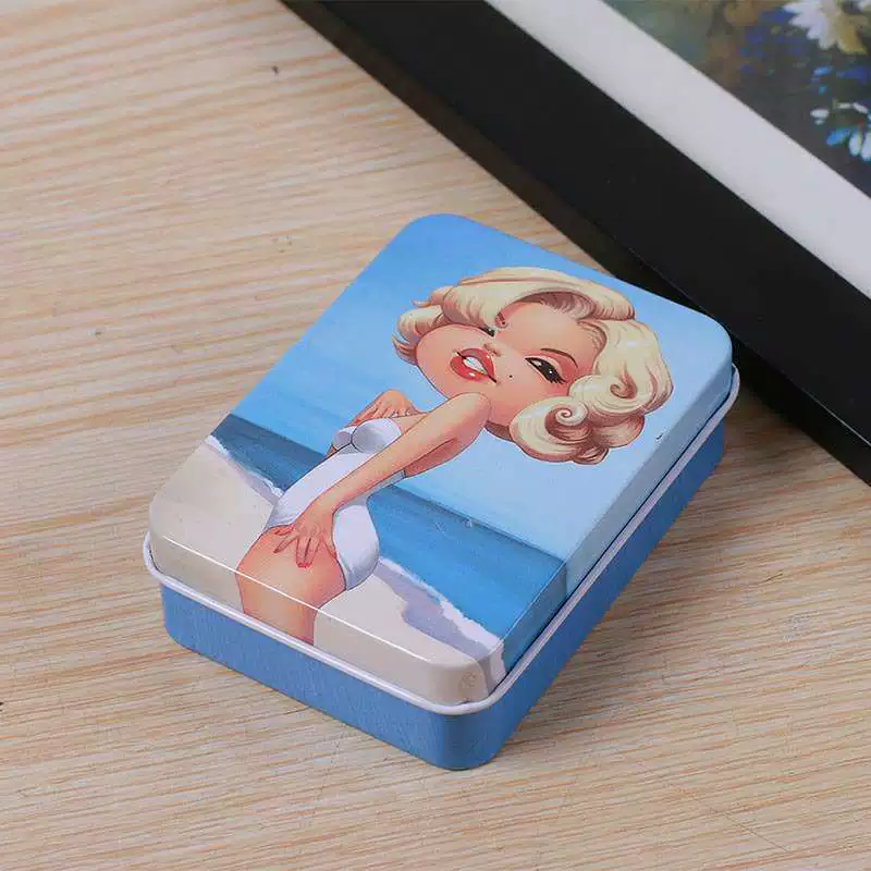 Rectangular metal tin storage box, postcard size, multiple designs, 9×6.5×2.4 cm