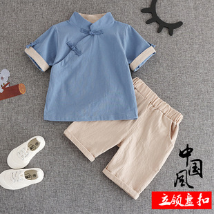 Ретро детское ханьфу для мальчиков, летняя одежда, платье, комплект, китайский стиль, наряд на выход, из хлопка и льна