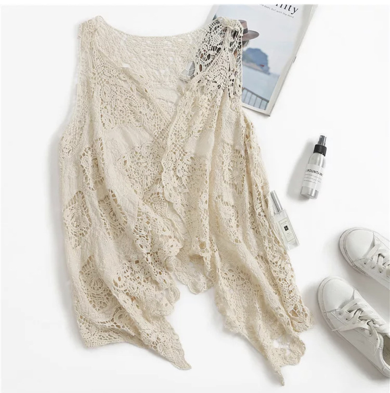 Summer Thin Outerwear Sleeveless Lace Cardigan Versatile Shawl Beachwear Sun Protection Clothing Women's Hollow Air Conditioning Shirt Trendy