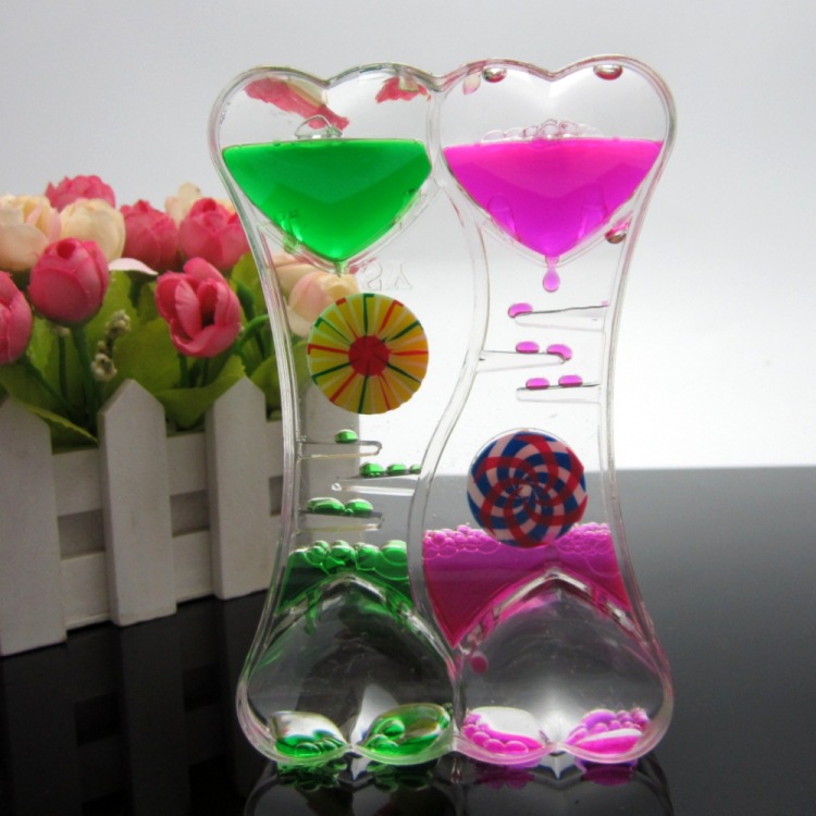 Temporizador de aceite divertido con forma de doble corazón, reloj de arena acrílico dinámico y creativo, adorno artesanal para niños, de ensueño.