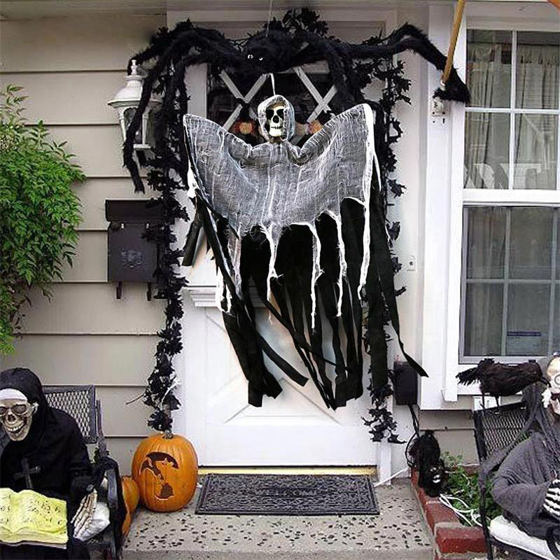 Cráneo colgante y fantasma de gasa con cara terrorífica - Accesorio de decoración de Halloween, colgante para puerta de casa embrujada