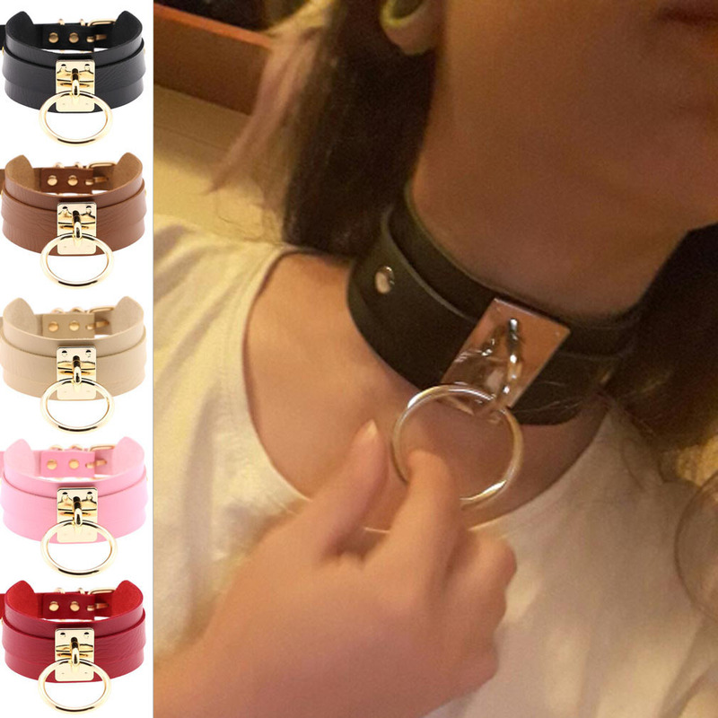 Factory Direct Sales European and American Harajuku Pu Leather Single Ring Collar Neck Cover Street Photography Nightclub Wild O-Shaped Necklace Neck Chain Factory Direct Sales European and American Harajuku Pu Leather Single Ring Collar Neck Cover Street Photography Nightclub Wild O-Shaped Necklace Neck Chain