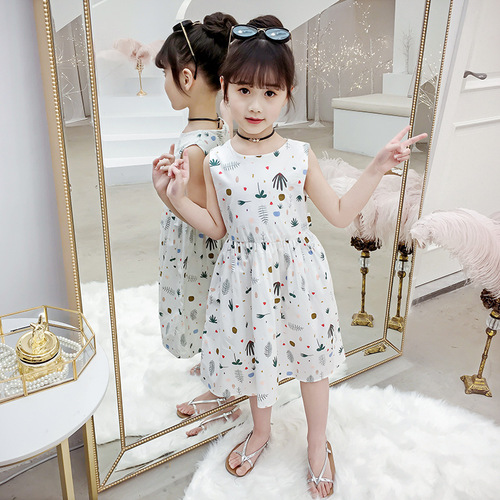 Girls' Cotton Skirt 2024 New Summer Clothes for Children, Medium and Large Children, Fashionable Cotton Floral Dress, Off-the-Shoulder Vest Skirt