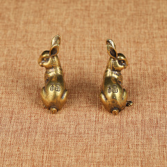 古玩銅器微雕件復古黃銅實心生肖小兔子家居茶寵小擺件手把件一對