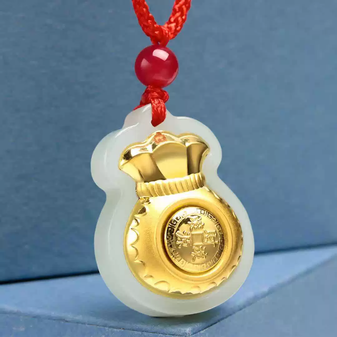 Gold inlaid with jade, 4D Hetian jade pure gold, new fortune, lucky bag pendant, money necklace for men and women