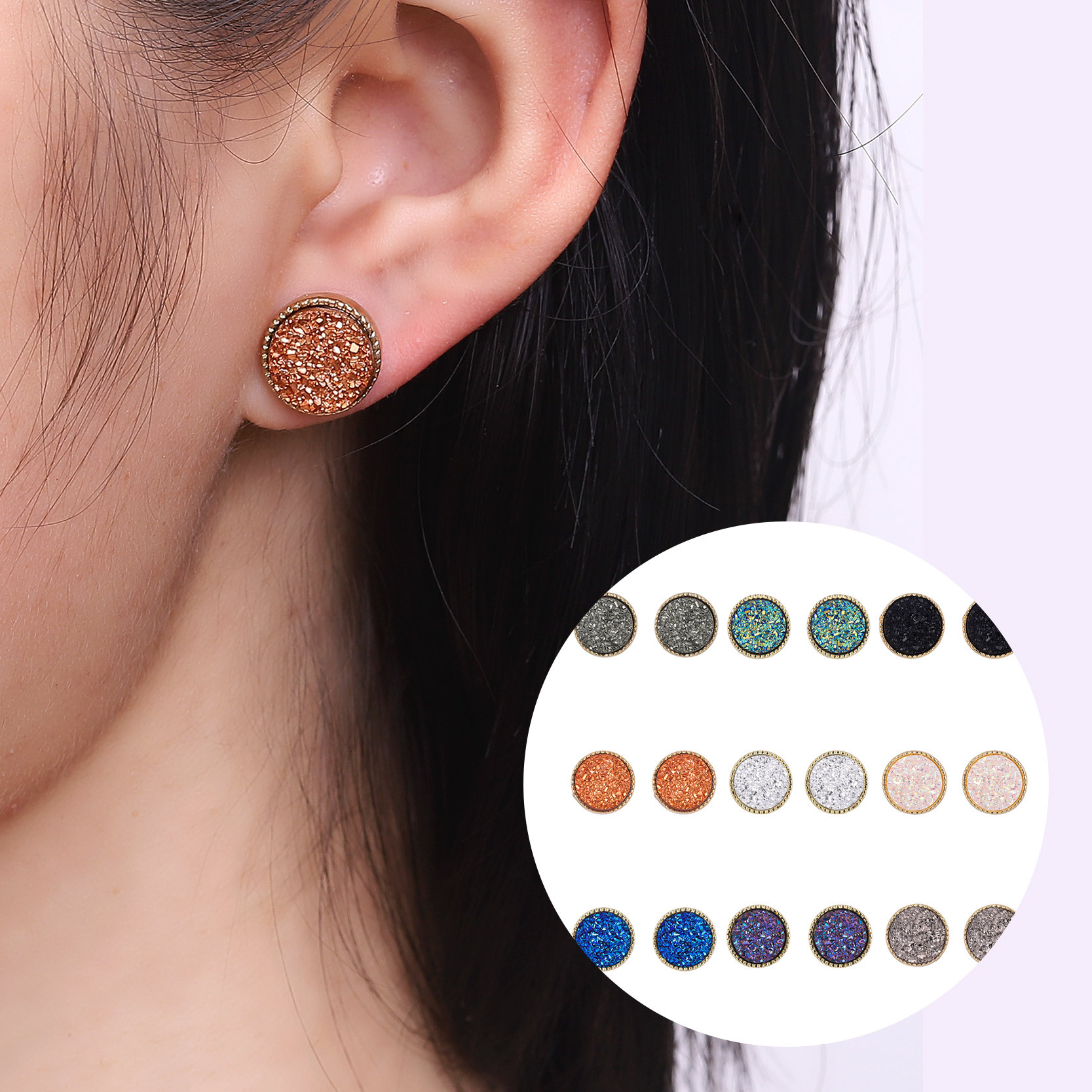 Europea y americana simple aleación resina cristal diente pendientes joyería moda accesorios geométricos pendientes de cristal redondo pendientes al por mayor