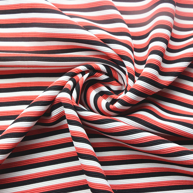时尚服装楼梯布面料针织纬编涤氨纶弹力色织双面横坑条彩条楼梯布