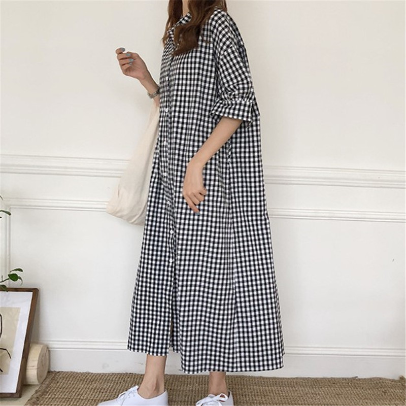 099 South Korea Long Harajuku Style Cotton and Linen dress Spring and Summer 2025 New Loose Short Sleeve Plaid Dress Shirt Dress 099 South Korea Long Harajuku Style Cotton and Linen dress Spring and Summer 2025 New Loose Short Sleeve Plaid Dress Shirt Dress