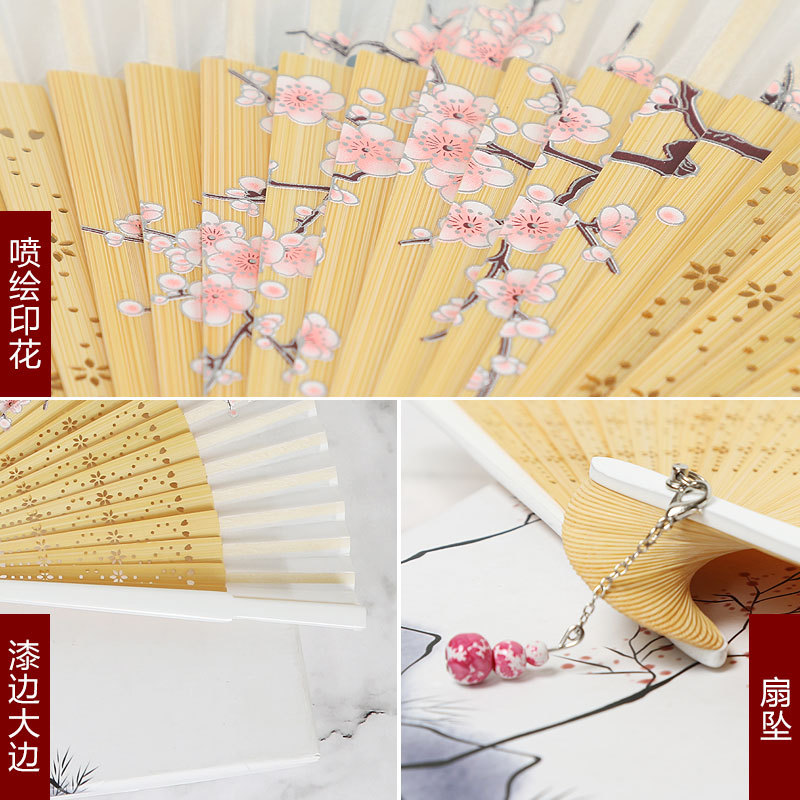 Ventilador de viento hecho a mano al por mayor de la fábrica ventilador plegable de estilo chino de las mujeres clásico Hanfu pintura en aerosol ventilador de bambú ventilador de la danza
