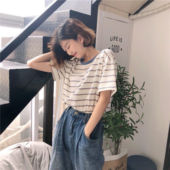 Women's short-sleeved T-shirt 2024 new summer college style loose slimming striped student top clothes women's T-shirt ins fashion