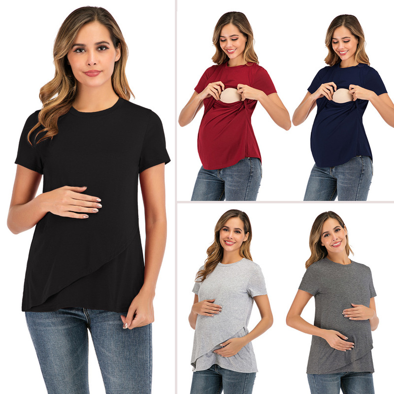 Cross-border European and American spring and summer new round neck Women's pullover versatile solid color short sleeve confinement clothing nursing T-shirt maternity clothing Cross-border European and American spring and summer new round neck Women's pullover versatile solid color short sleeve confinement clothing nursing T-shirt maternity clothing