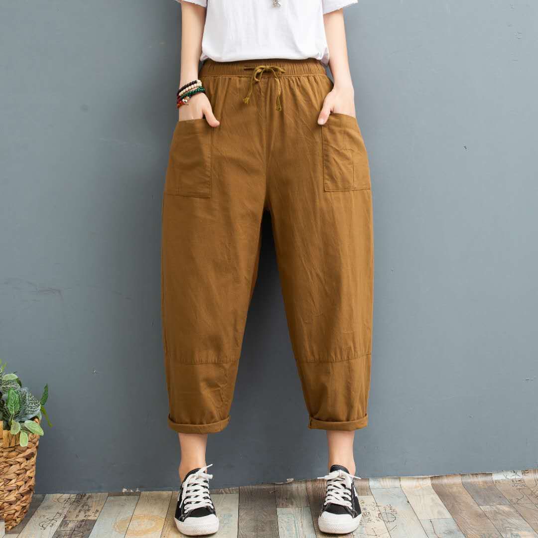 Nuevos pantalones de rábano de algodón y lino para mujer, pantalones finos de ramio de verano, pantalones sueltos de gran tamaño para mujer, pantalones harem casuales de ocho puntos image 6