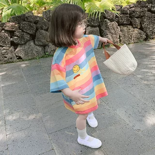女童T恤长款彩虹上衣连衣裙26夏装新款外贸童装代发3-8岁