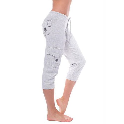 2025 European and American Elastic Waist Button Pouch Yoga Seven-Eighth Pants Casual Versatile Slimming Fashion Multi-Pocket