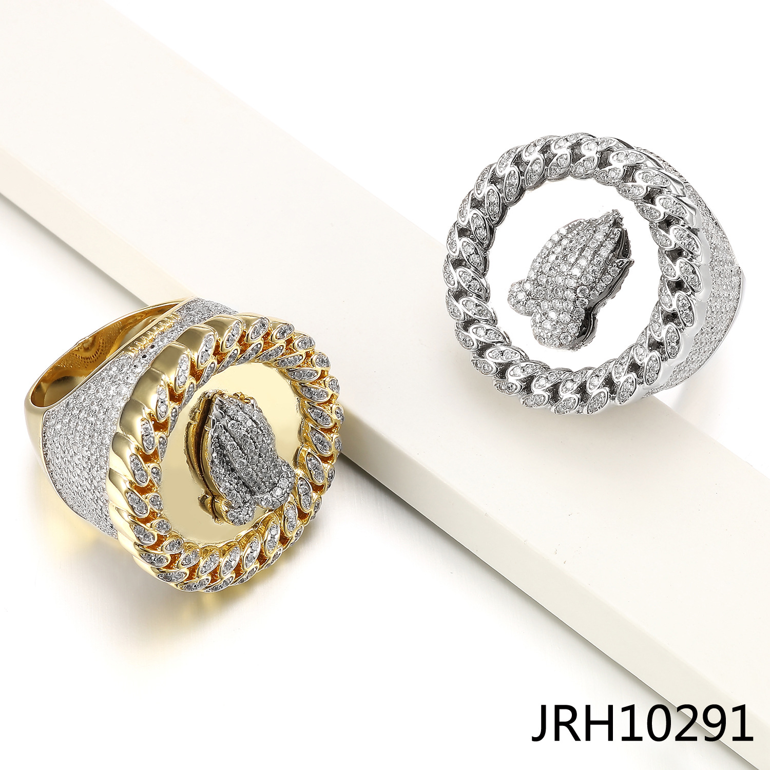 Gold Plated Full Diamond Round Prayer Hand Ring For Men Hip Hop Fashion Jewelry Classic Geometric Design_voghion.com