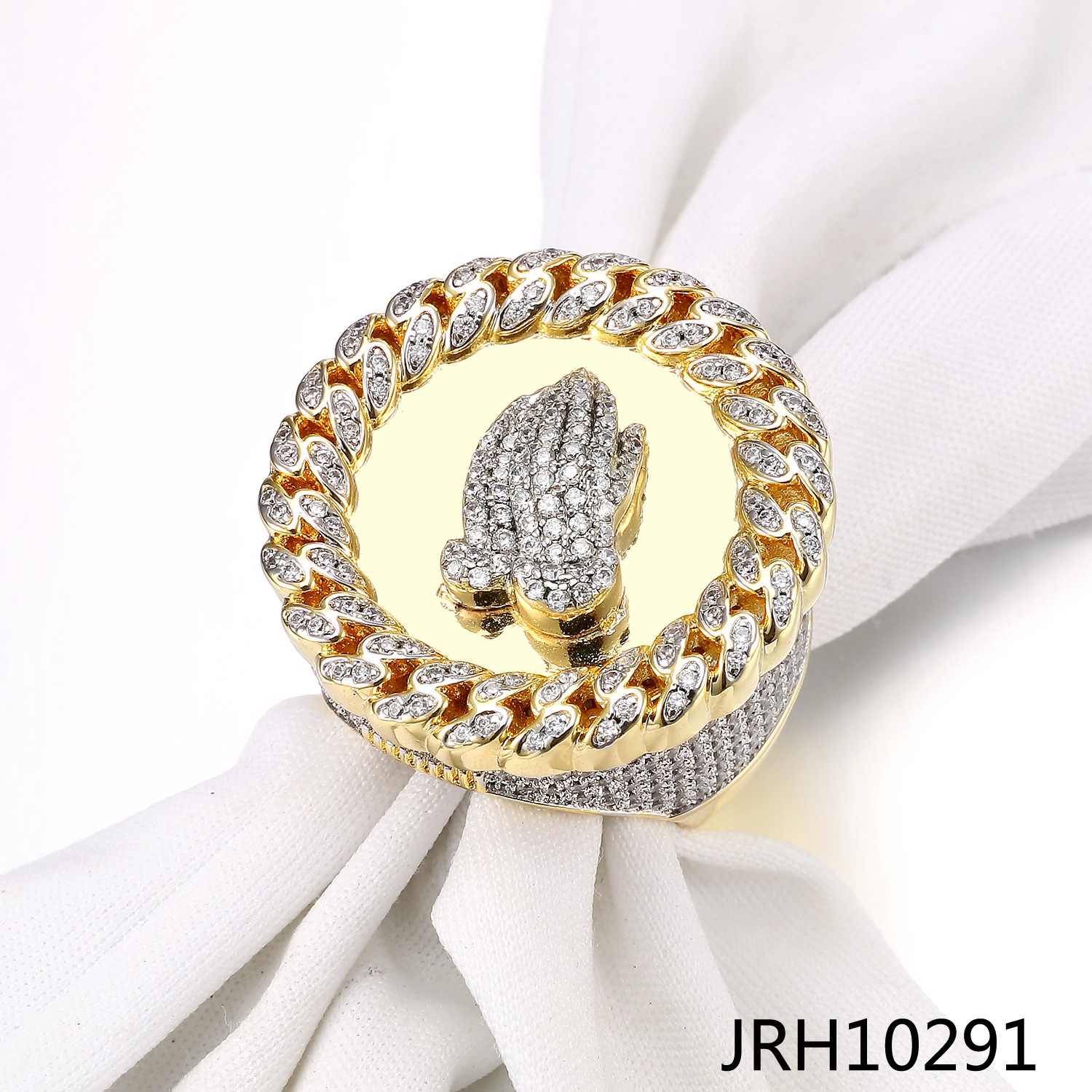 Gold Plated Full Diamond Round Prayer Hand Ring For Men Hip Hop Fashion Jewelry Classic Geometric Design_voghion.com