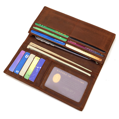 Crazy Horse Leather Long Wallet Men's Wallet Genuine Leather Long Wallet First Layer Cowhide Multi-Card Slots 2-fold Wallet
