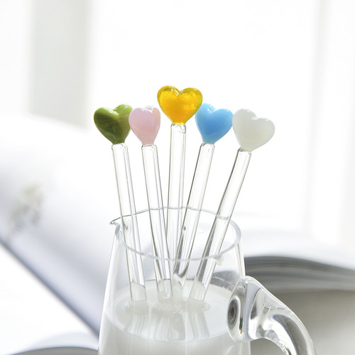 Factory direct selling mixing stick, love colorful glass stirring stick, cute creative long handle juice coffee with extended spoon