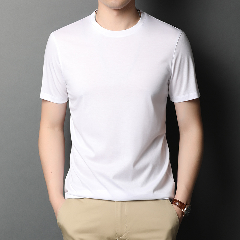 Summer Silk Short-Sleeve T-Shirt for Men, Round Neck, Solid Color, Simple Style, Thin Silk Base Layer, Casual Wear, Inner Layer
