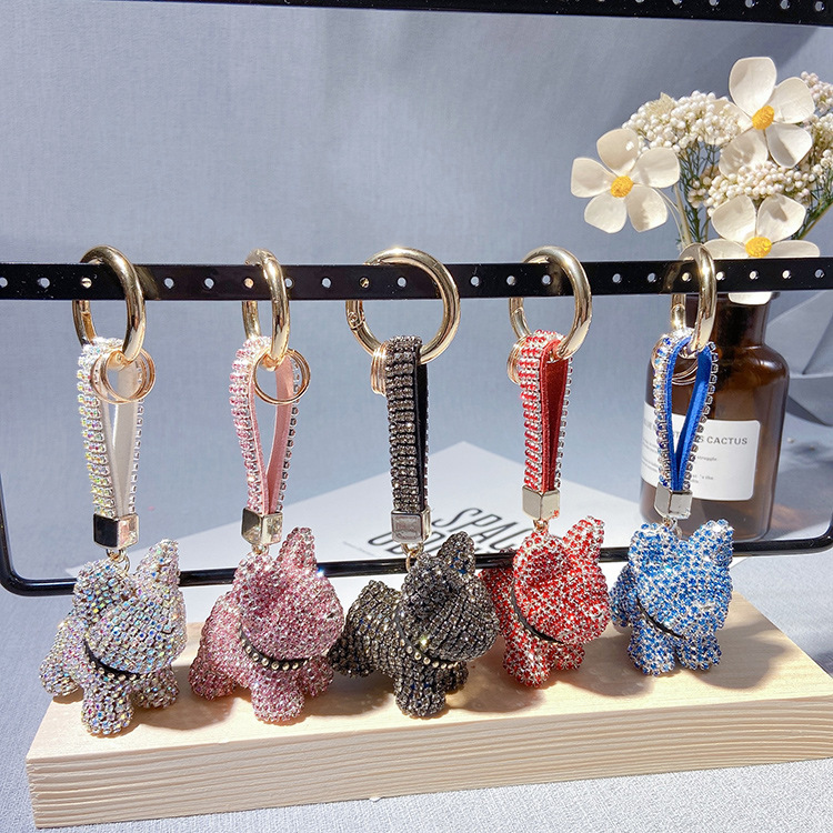 Llavero de Bulldog Francés con Cadena de Garras con Incrustaciones de Diamantes, Colgante de Muñeca de Dibujos Animados, Regalo, Accesorio de Bolso para Mujer, Diseño Brillante