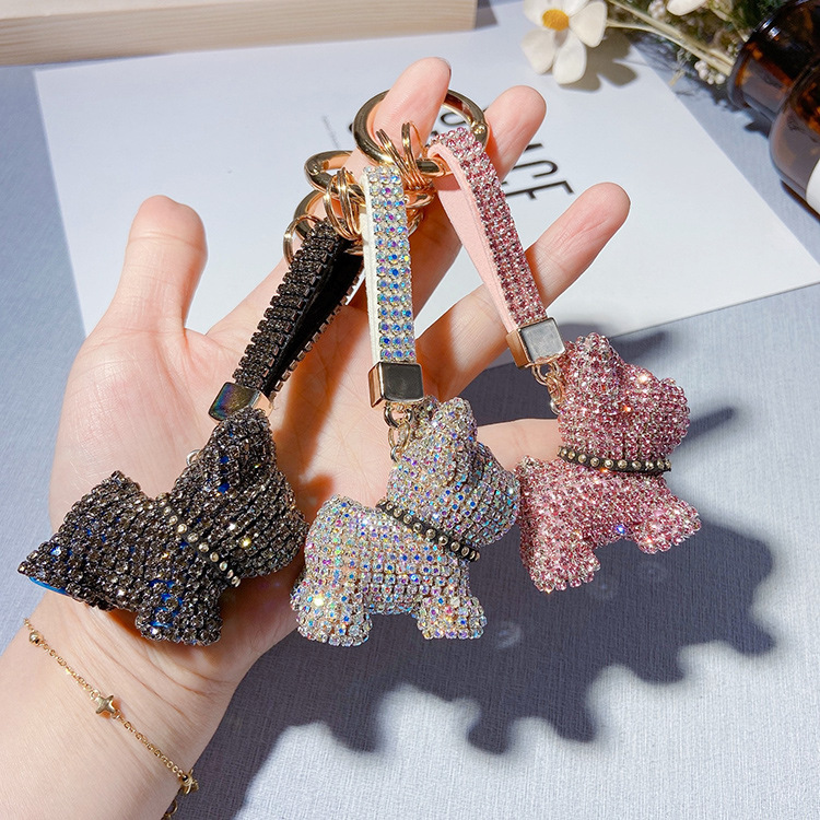 Llavero de Bulldog Francés con Cadena de Garras con Incrustaciones de Diamantes, Colgante de Muñeca de Dibujos Animados, Regalo, Accesorio de Bolso para Mujer, Diseño Brillante