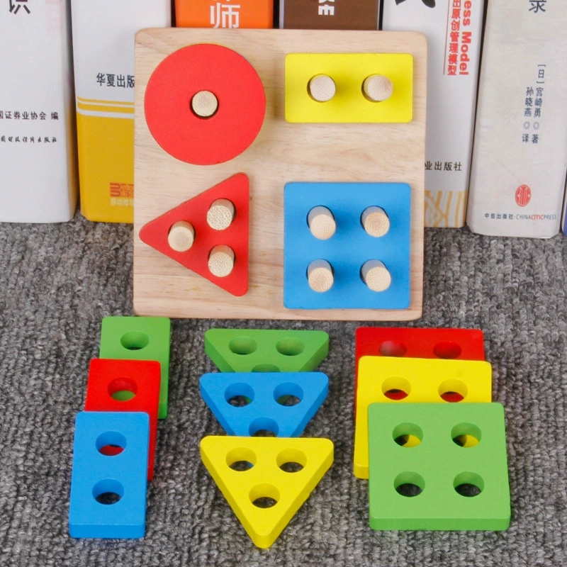 Wooden geometric stacking constructor, Montessori early education toy, colorful shapes set