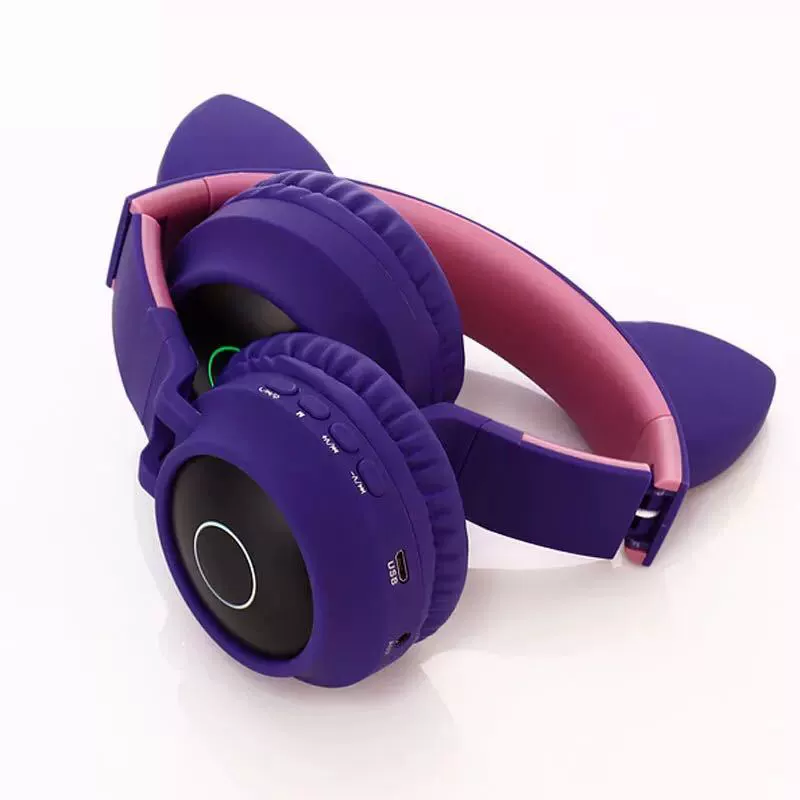 Популярные светящиеся мультяшные накладные Bluetooth наушники для девочек с ушками-котиками BT028C, складные, с подсветкой