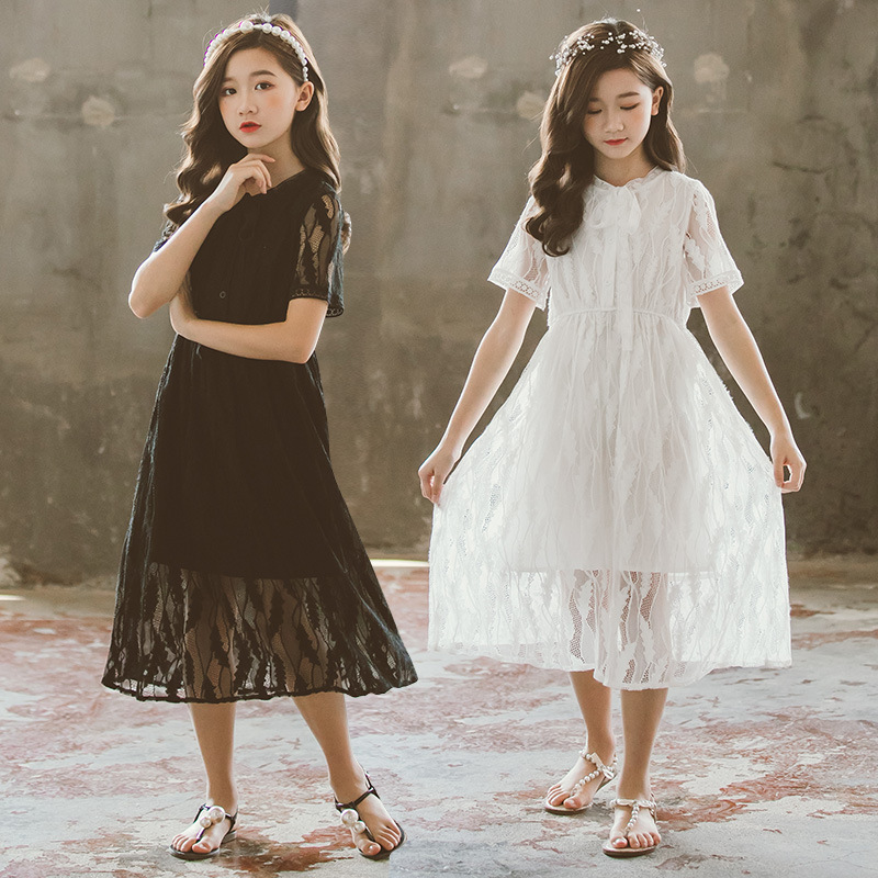 2025 Summer New Korean Style Girls' Dress Lace Short-Sleeved Solid Color Sweet Long Dress Fairy Style Princess Dress 2025 Summer New Korean Style Girls' Dress Lace Short-Sleeved Solid Color Sweet Long Dress Fairy Style Princess Dress