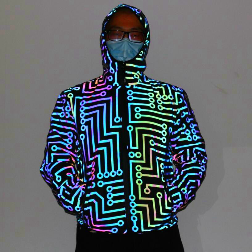 Herrenbekleidung Seiden-Baumwoll-Jacken mit Schaltungsmuster, farbenfrohe Reflektorjacke für Männer und Frauen, Hip-Hop-Regenbogenfarben, Reflektorjacke oben_voghion.com