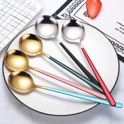 Internet celebrity round spoon household 304 stainless steel spoon creative ice cream dessert spoon long handle Korean bibimbap spoon