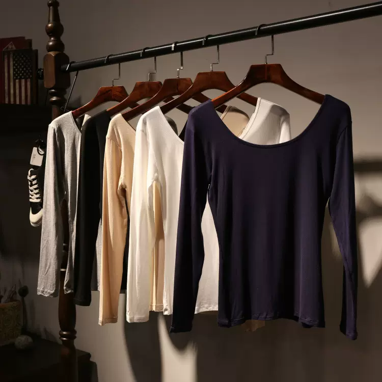 新款低领莫代尔打底衫大U领黑色T恤贴身春秋超薄打底百搭女装长袖