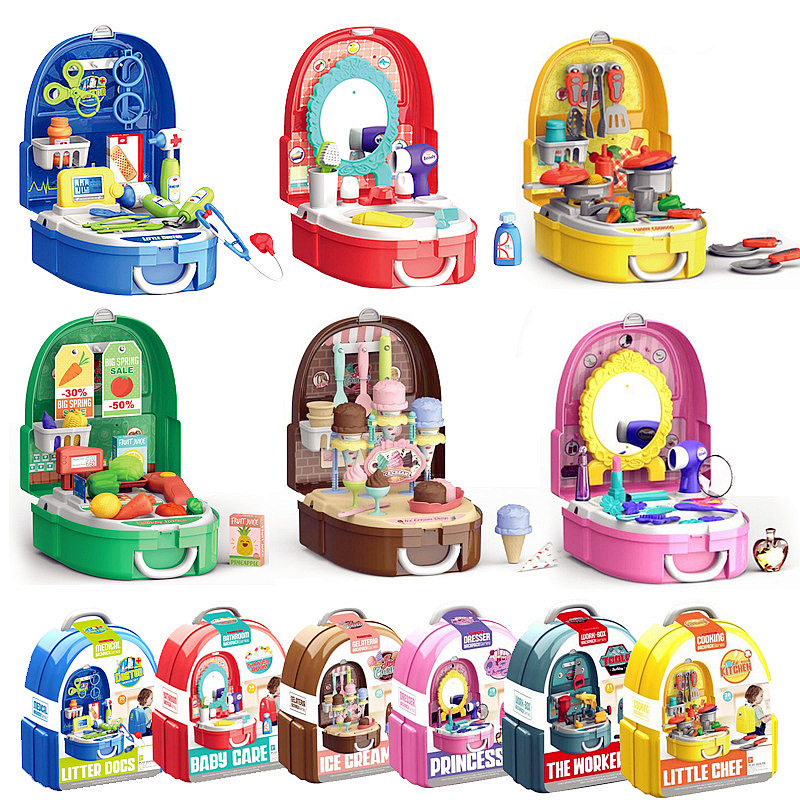 Cross-border niños simulación cocina vajilla maquillaje caja registradora herramienta traje helado doctor jugar casa mochila caja juguete