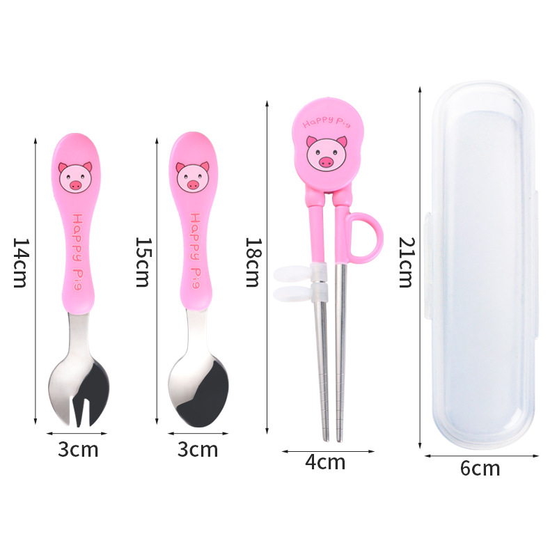 [핑크] 연습 젓가락 + 포크 + 스푼 + 상자