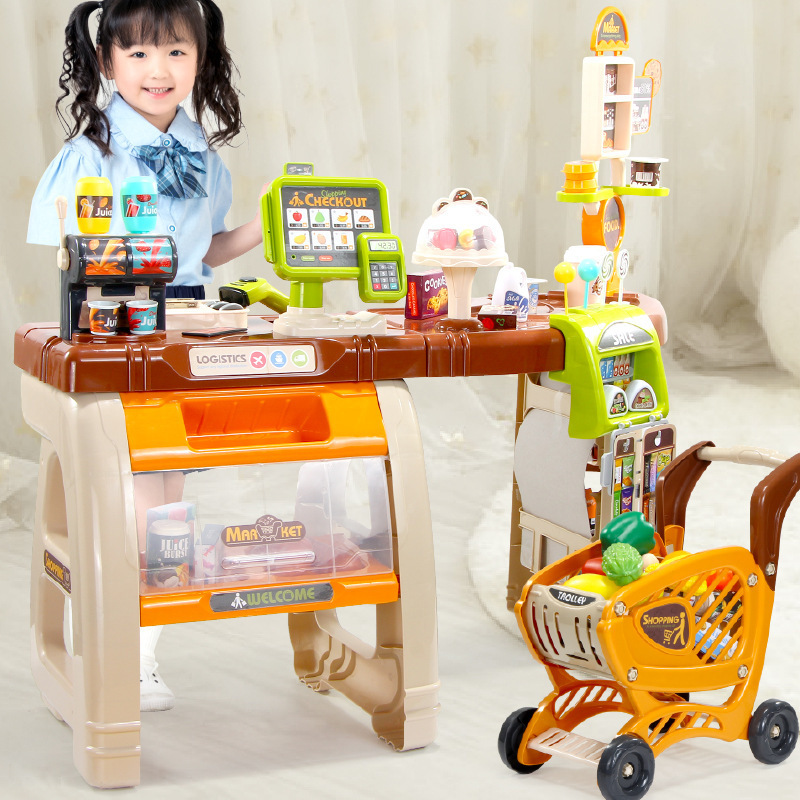 Los niños transfronterizos 65 piezas de simulación cajero supermercado Mesa carrito de la compra traje caramelo jugar casa supermercado Juguetes