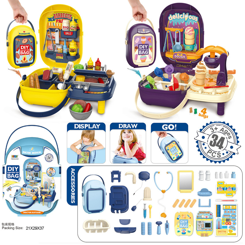 Transfronteriza simulación infantil barbacoa cocina vajilla maquillaje herramientas supermercado jugar casa pintura caja portátil médico juguete
