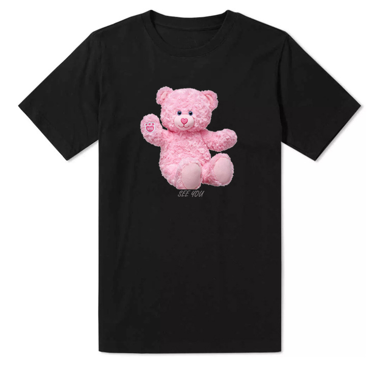 Creative design pink little brown bear puppet plush toy couple's cotton heavy thick short sleeve men's and women's T-shirt