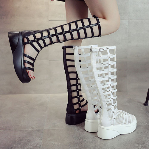Roman sandals for women summer  new style high tube thick heel Korean style hollow thick sole platform sandals for women women's shoes waterproof platform sandals for women