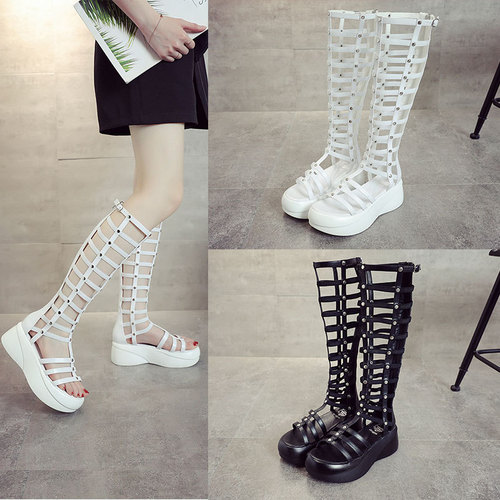 Roman sandals for women summer  new style high tube thick heel Korean style hollow thick sole platform sandals for women women's shoes waterproof platform sandals for women